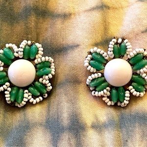 Signed Miriam Haskell Vintage Green and White Beaded Earrings